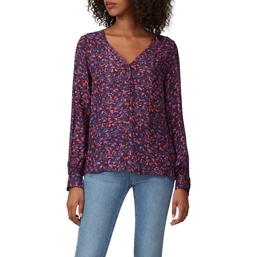 Parker Sachi Top Printed Long Sleeve Button-Front V-Neck Blouse Purple Medium